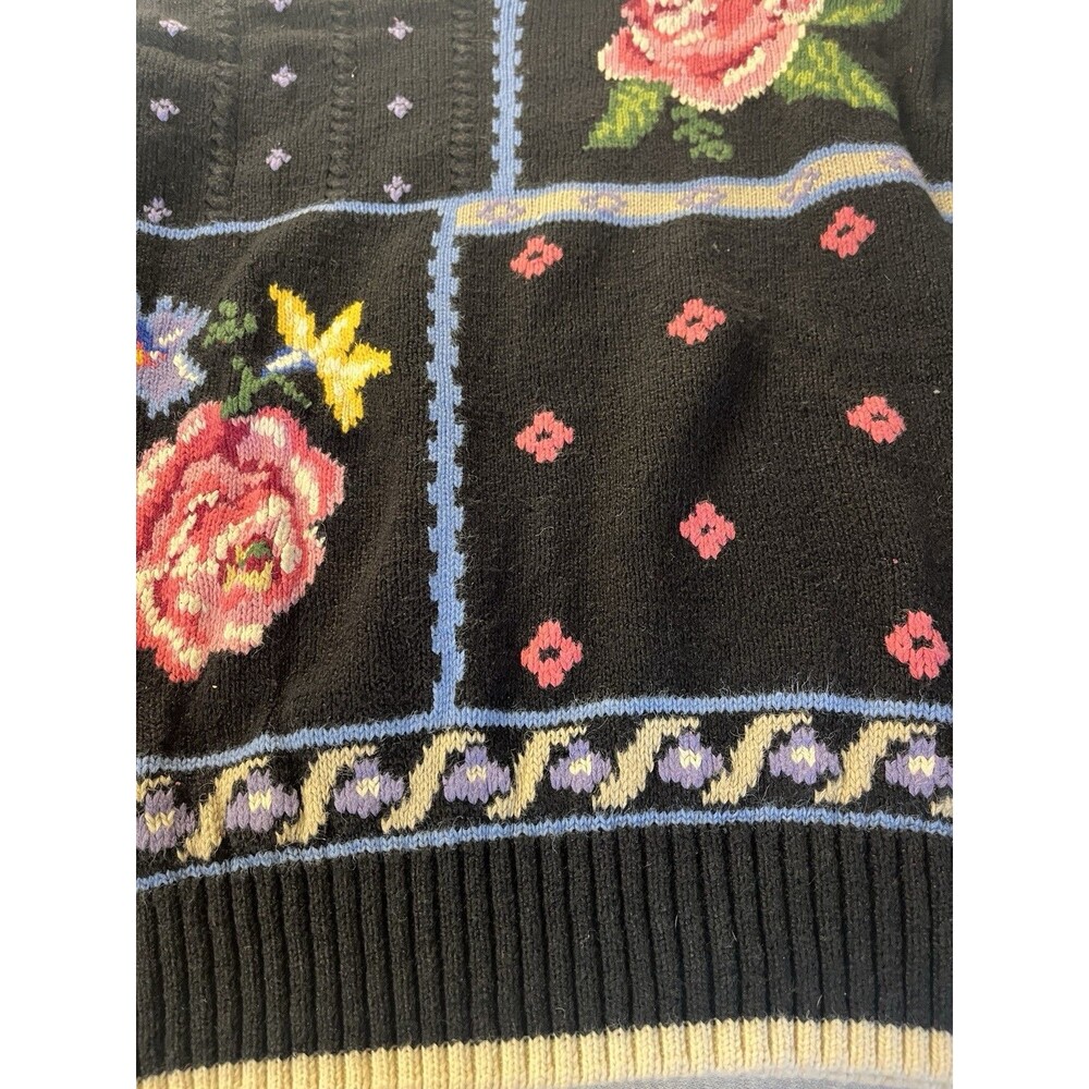 VTG 80’s 90’s Lizwear Liz Claiborne Sweater Embroidered Roses Women’s  Lg Black - Picture 2 of 13